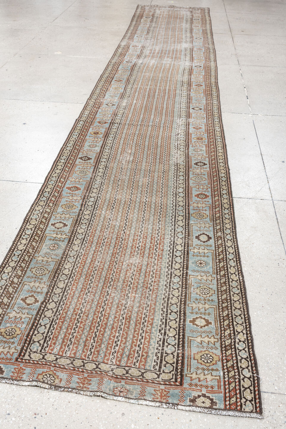 2' x 16' one-of-a-kind handmade antique Afshar runner rug. Color palette: ivory, blue gray, terracotta, tan, taupe, brown