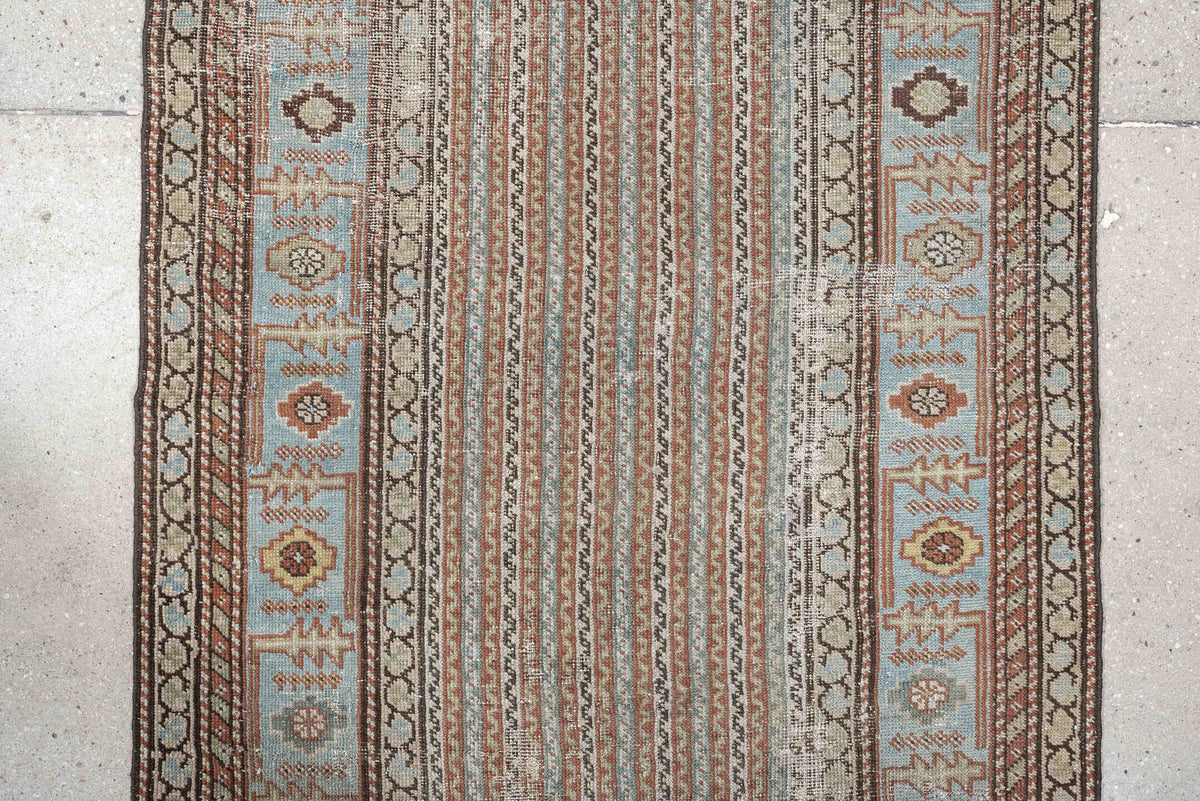 2' x 16' one-of-a-kind handmade antique Afshar runner rug. Color palette: ivory, blue gray, terracotta, tan, taupe, brown