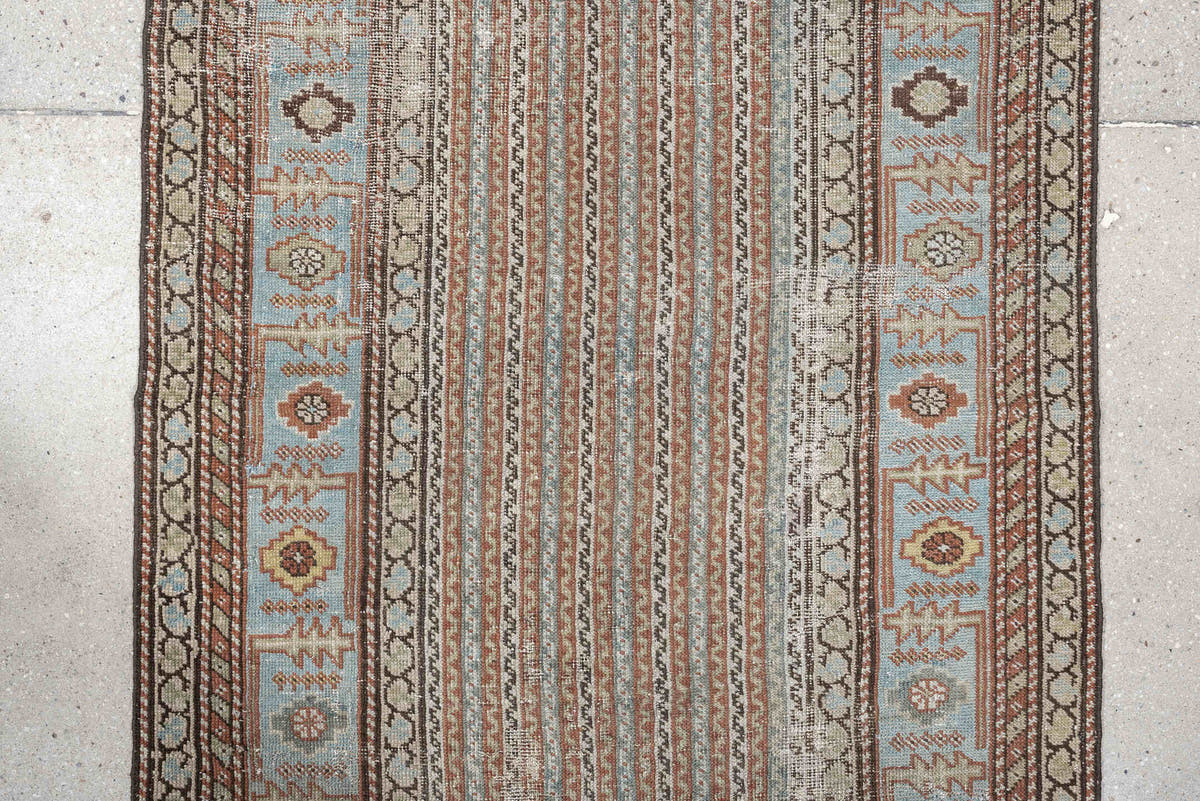 2' x 16' one-of-a-kind handmade antique Afshar runner rug. Color palette: ivory, blue gray, terracotta, tan, taupe, brown