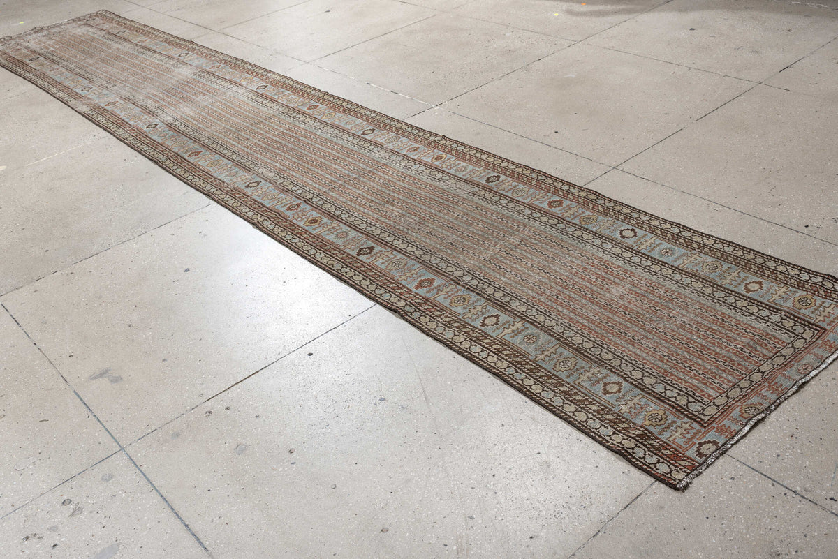 2' x 16' one-of-a-kind handmade antique Afshar runner rug. Color palette: ivory, blue gray, terracotta, tan, taupe, brown