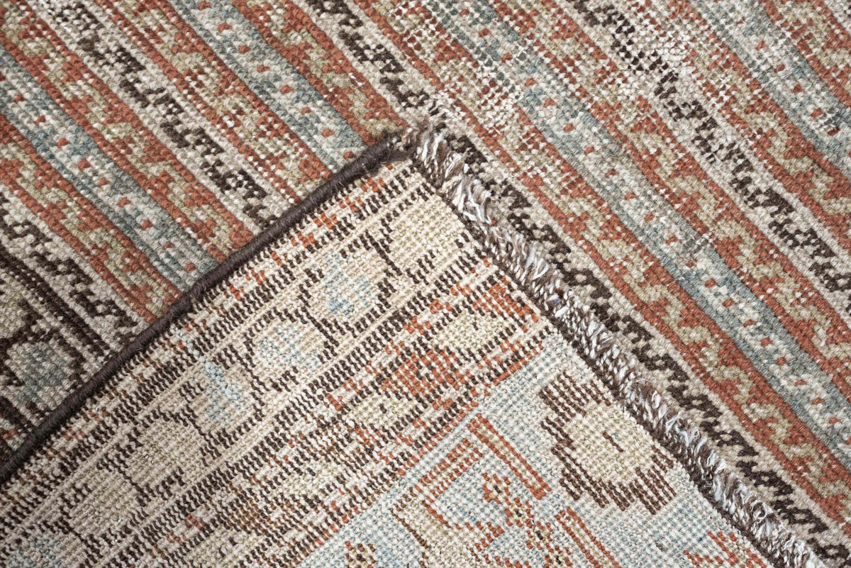 2' x 16' one-of-a-kind handmade antique Afshar runner rug. Color palette: ivory, blue gray, terracotta, tan, taupe, brown