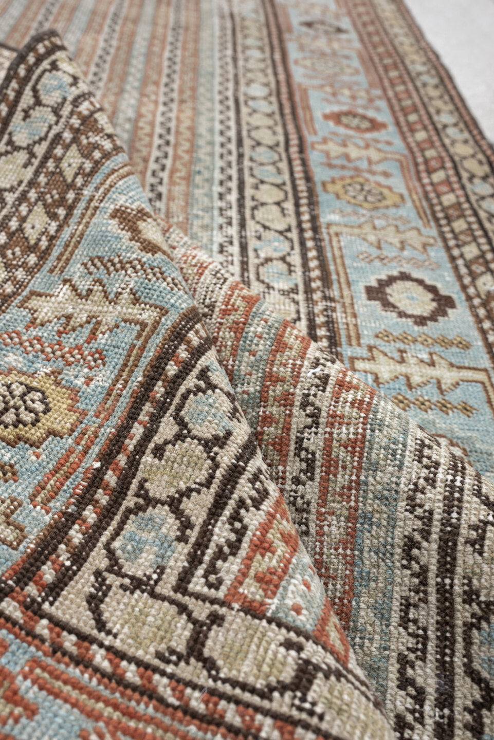 2' x 16' one-of-a-kind handmade antique Afshar runner rug. Color palette: ivory, blue gray, terracotta, tan, taupe, brown