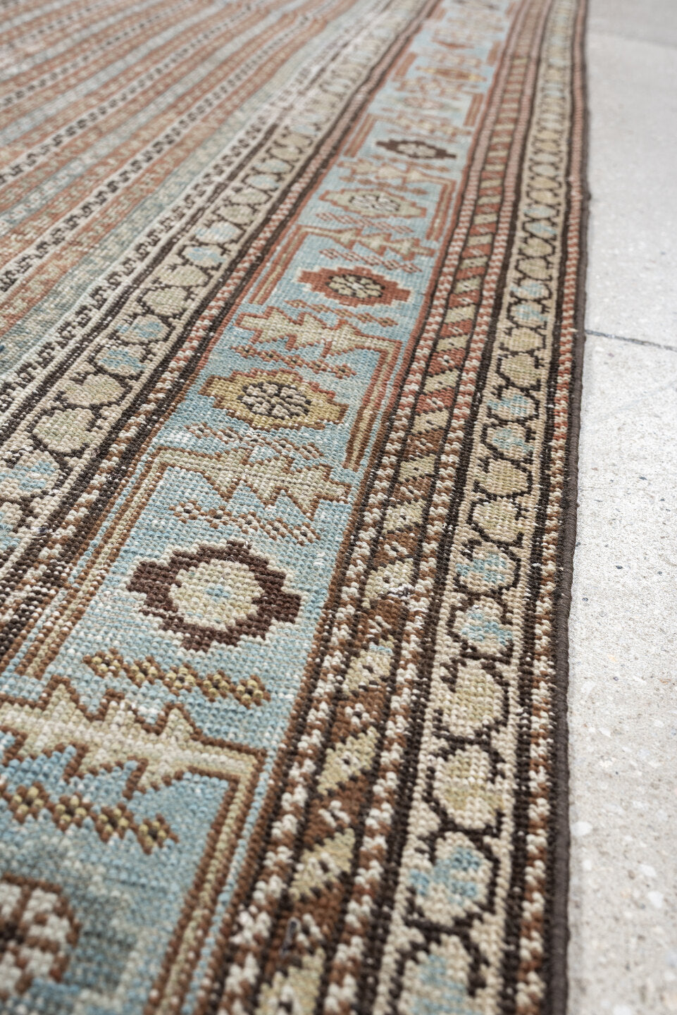 2' x 16' one-of-a-kind handmade antique Afshar runner rug. Color palette: ivory, blue gray, terracotta, tan, taupe, brown