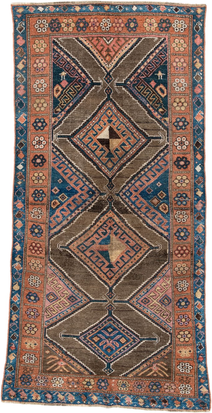 3' x 6' one-of-a-kind handmade antique Kurd runner rug. Color palette: teal blue, camel, rose, ivory, brown, navy, salmon