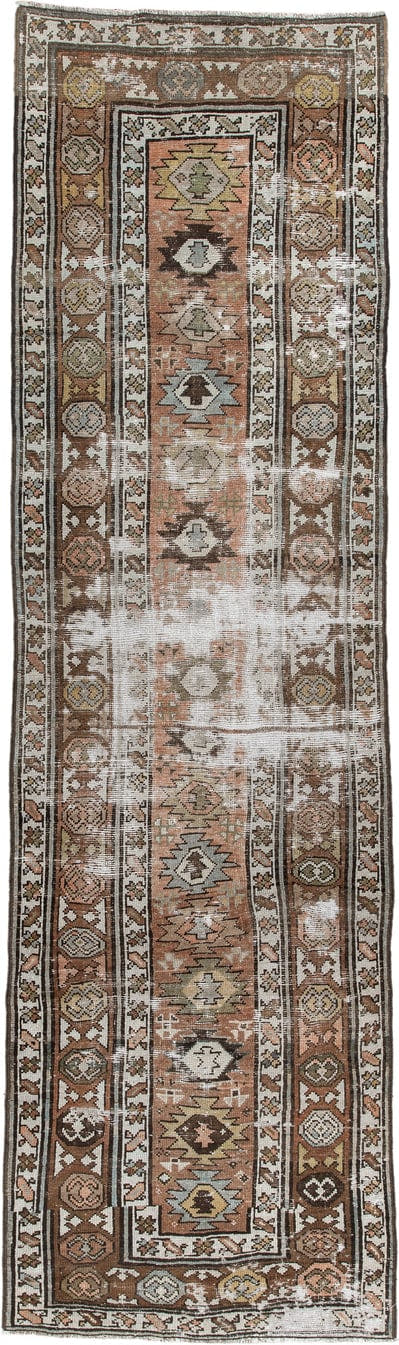 3' x 10' one-of-a-kind handmade antique NW Persian runner rug. Color palette: terra cotta, ivory, brown, olive, camel, taupe