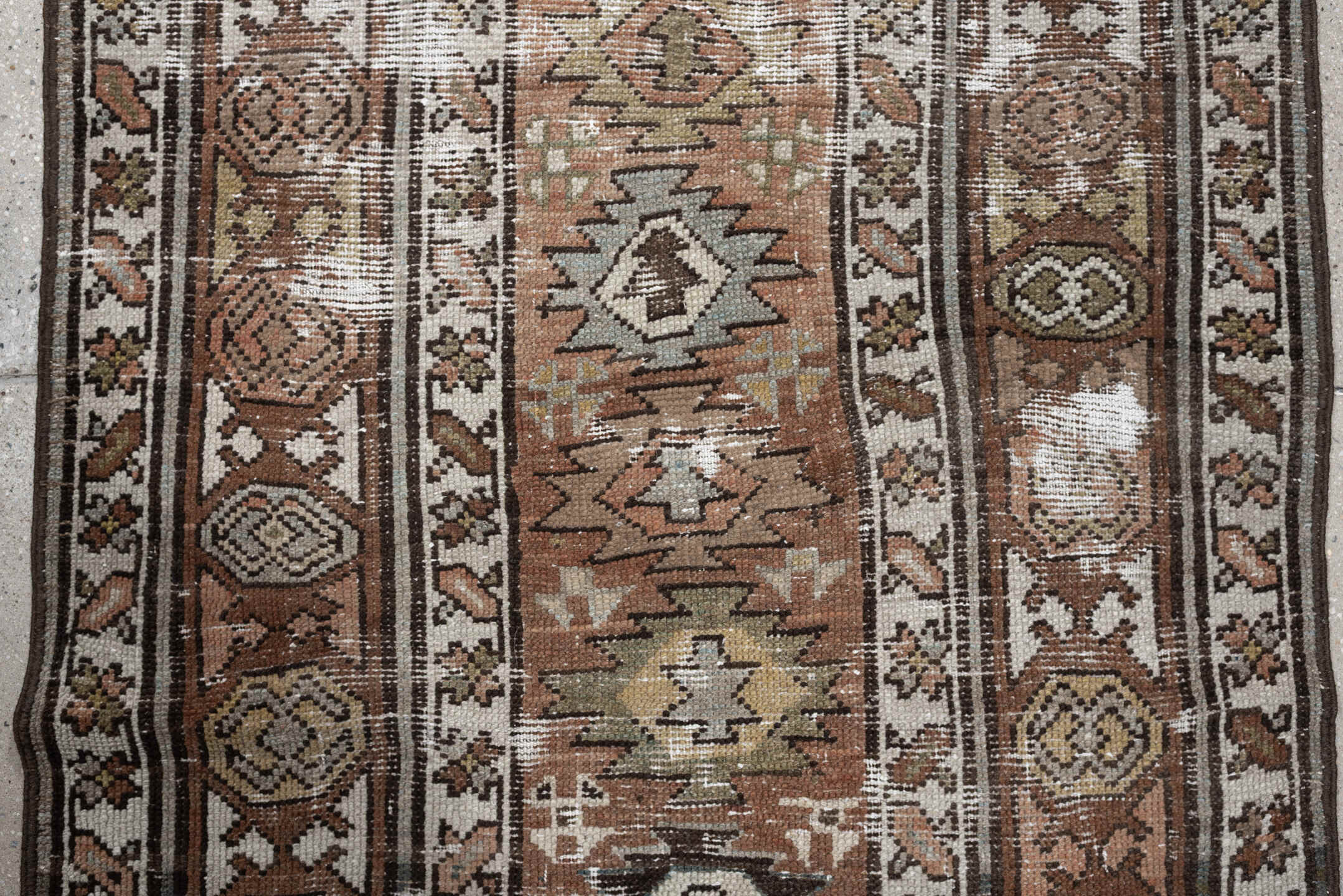 3' x 10' one-of-a-kind handmade antique NW Persian runner rug. Color palette: terra cotta, ivory, brown, olive, camel, taupe