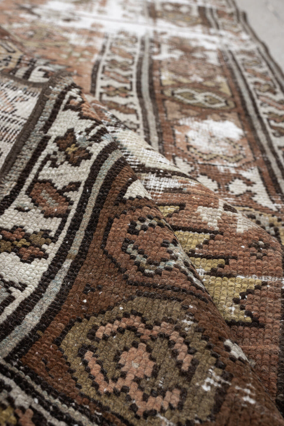 3' x 10' one-of-a-kind handmade antique NW Persian runner rug. Color palette: terra cotta, ivory, brown, olive, camel, taupe