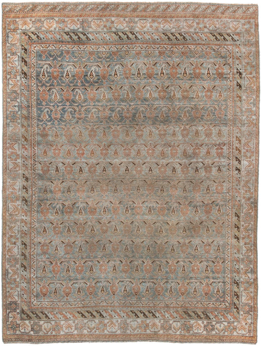 4' x 5' one-of-a-kind handmade antique Afshar small size rug. Color palette: ivory, blue gray, terra cotta, taupe, camel