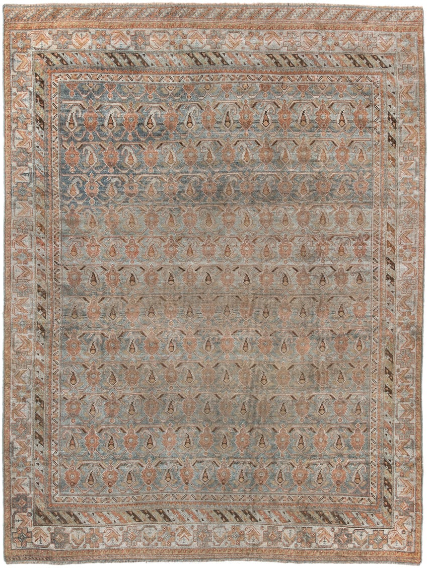 4' x 5' one-of-a-kind handmade antique Afshar small size rug. Color palette: ivory, blue gray, terra cotta, taupe, camel