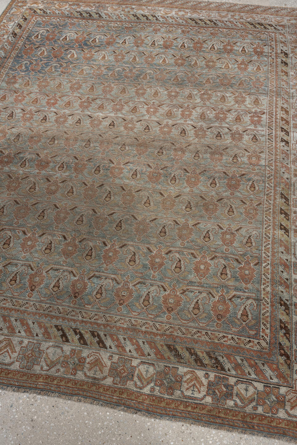 4' x 5' one-of-a-kind handmade antique Afshar small size rug. Color palette: ivory, blue gray, terra cotta, taupe, camel