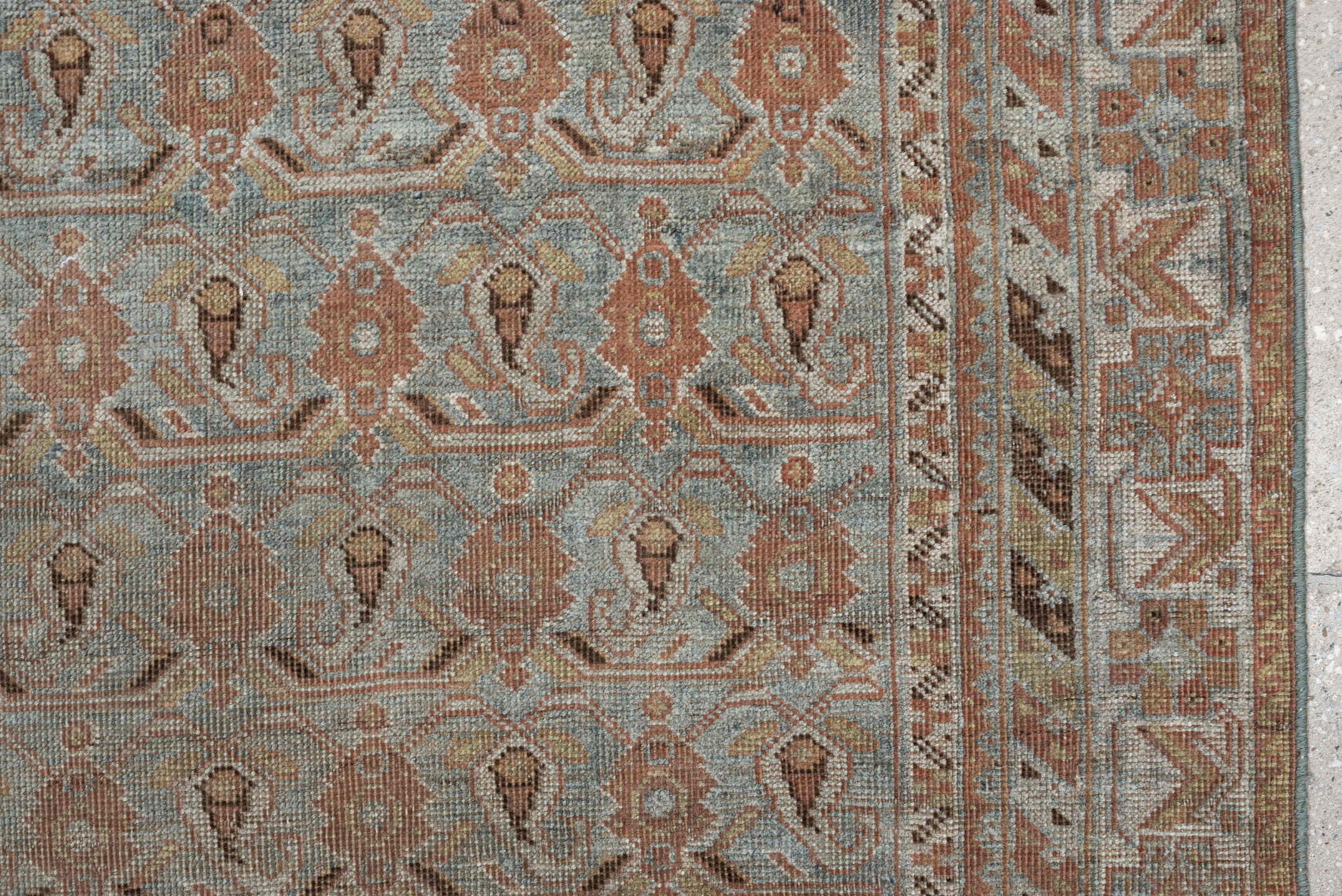 4' x 5' one-of-a-kind handmade antique Afshar small size rug. Color palette: ivory, blue gray, terra cotta, taupe, camel