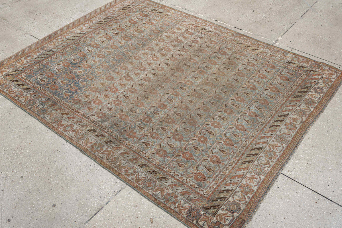 4' x 5' one-of-a-kind handmade antique Afshar small size rug. Color palette: ivory, blue gray, terra cotta, taupe, camel