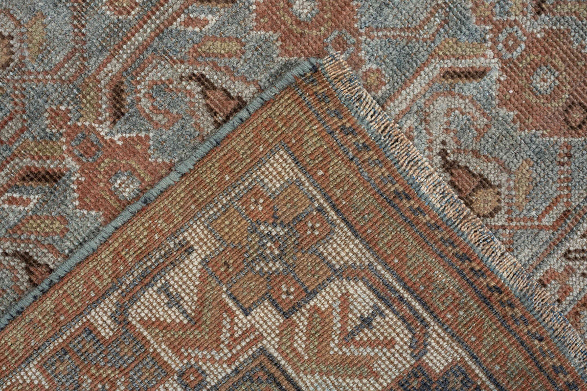 4' x 5' one-of-a-kind handmade antique Afshar small size rug. Color palette: ivory, blue gray, terra cotta, taupe, camel
