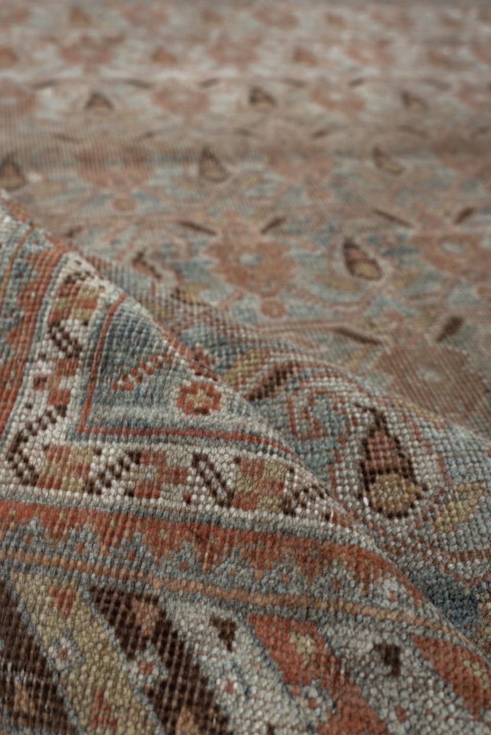 4' x 5' one-of-a-kind handmade antique Afshar small size rug. Color palette: ivory, blue gray, terra cotta, taupe, camel