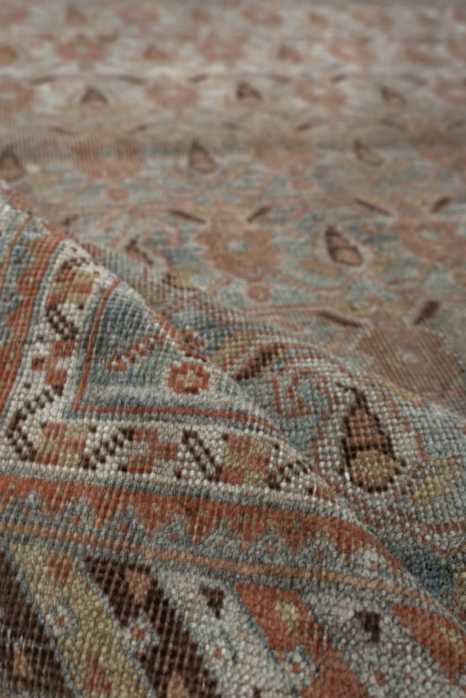 4' x 5' one-of-a-kind handmade antique Afshar small size rug. Color palette: ivory, blue gray, terra cotta, taupe, camel
