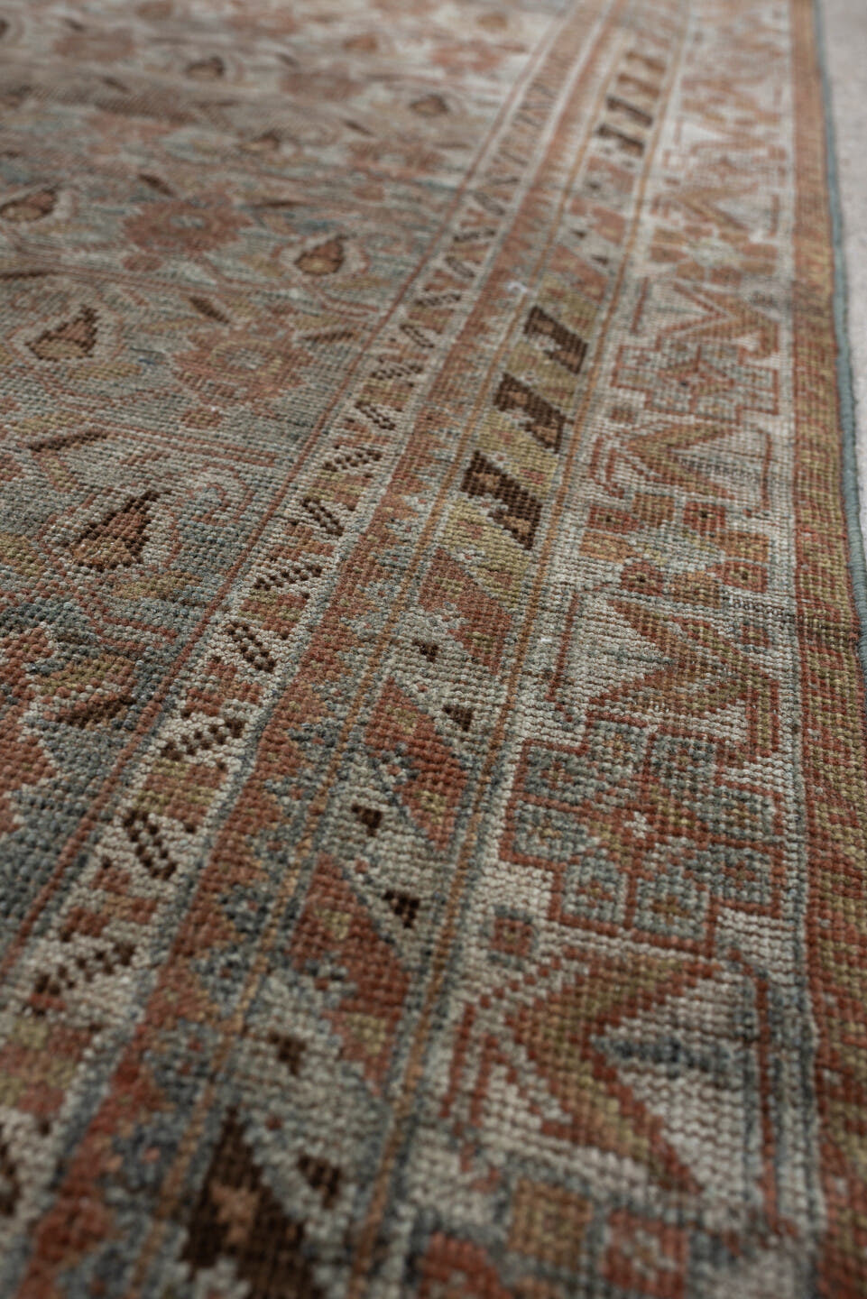 4' x 5' one-of-a-kind handmade antique Afshar small size rug. Color palette: ivory, blue gray, terra cotta, taupe, camel