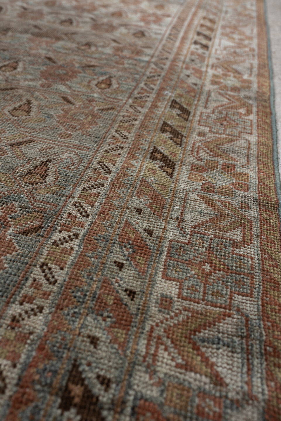 4' x 5' one-of-a-kind handmade antique Afshar small size rug. Color palette: ivory, blue gray, terra cotta, taupe, camel