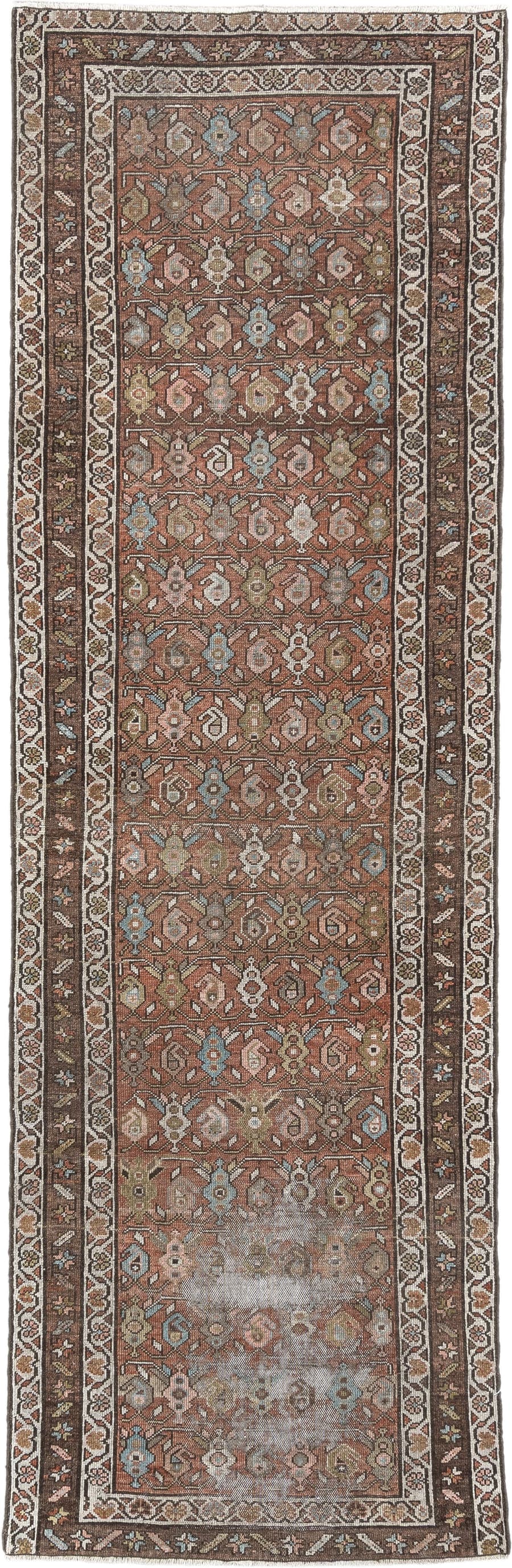 2' x 9' one-of-a-kind handmade vintage Malayer runner rug. Color palette: terracotta, brown, ivory, taupe, muted blue, sage