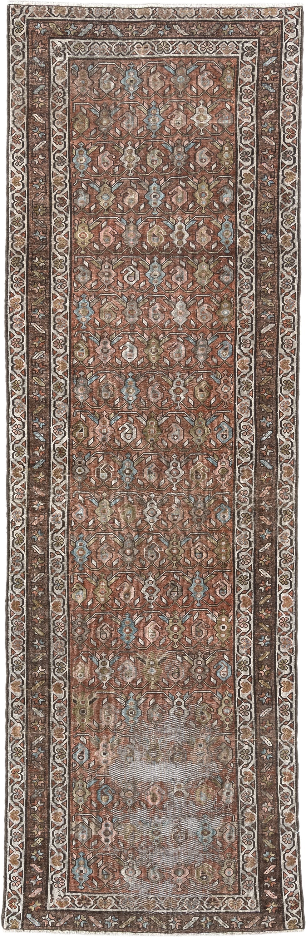 2' x 9' one-of-a-kind handmade vintage Malayer runner rug. Color palette: terracotta, brown, ivory, taupe, muted blue, sage
