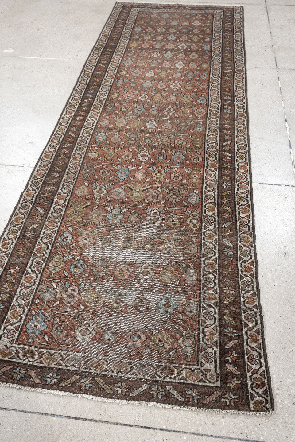 2' x 9' one-of-a-kind handmade vintage Malayer runner rug. Color palette: terracotta, brown, ivory, taupe, muted blue, sage