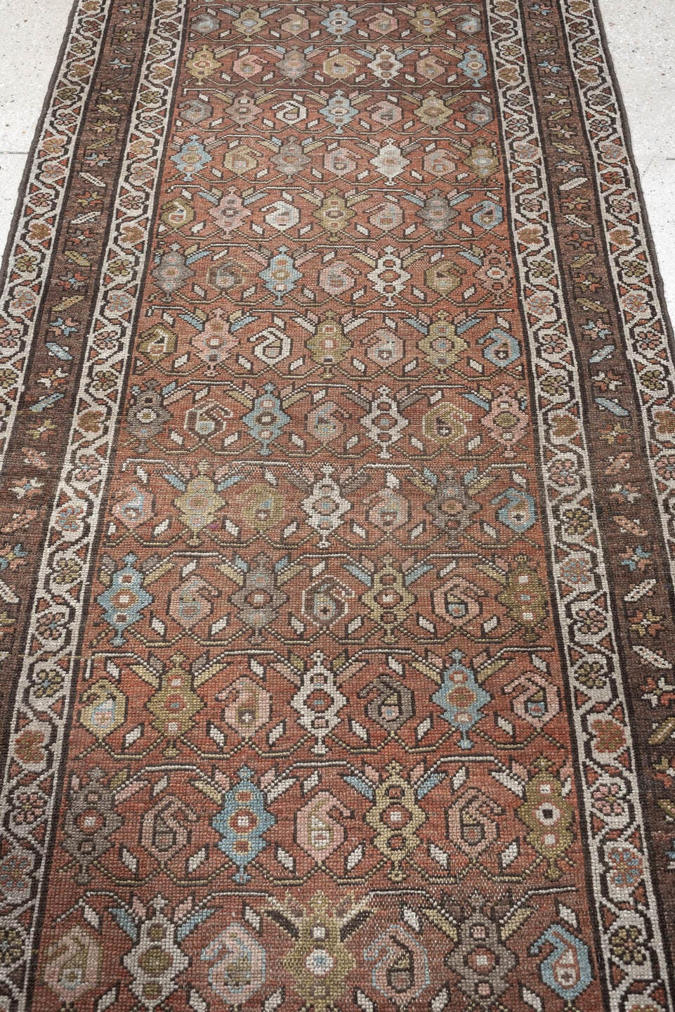 2' x 9' one-of-a-kind handmade vintage Malayer runner rug. Color palette: terracotta, brown, ivory, taupe, muted blue, sage