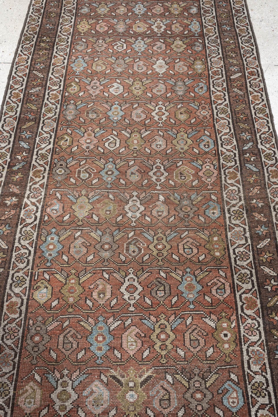 2' x 9' one-of-a-kind handmade vintage Malayer runner rug. Color palette: terracotta, brown, ivory, taupe, muted blue, sage