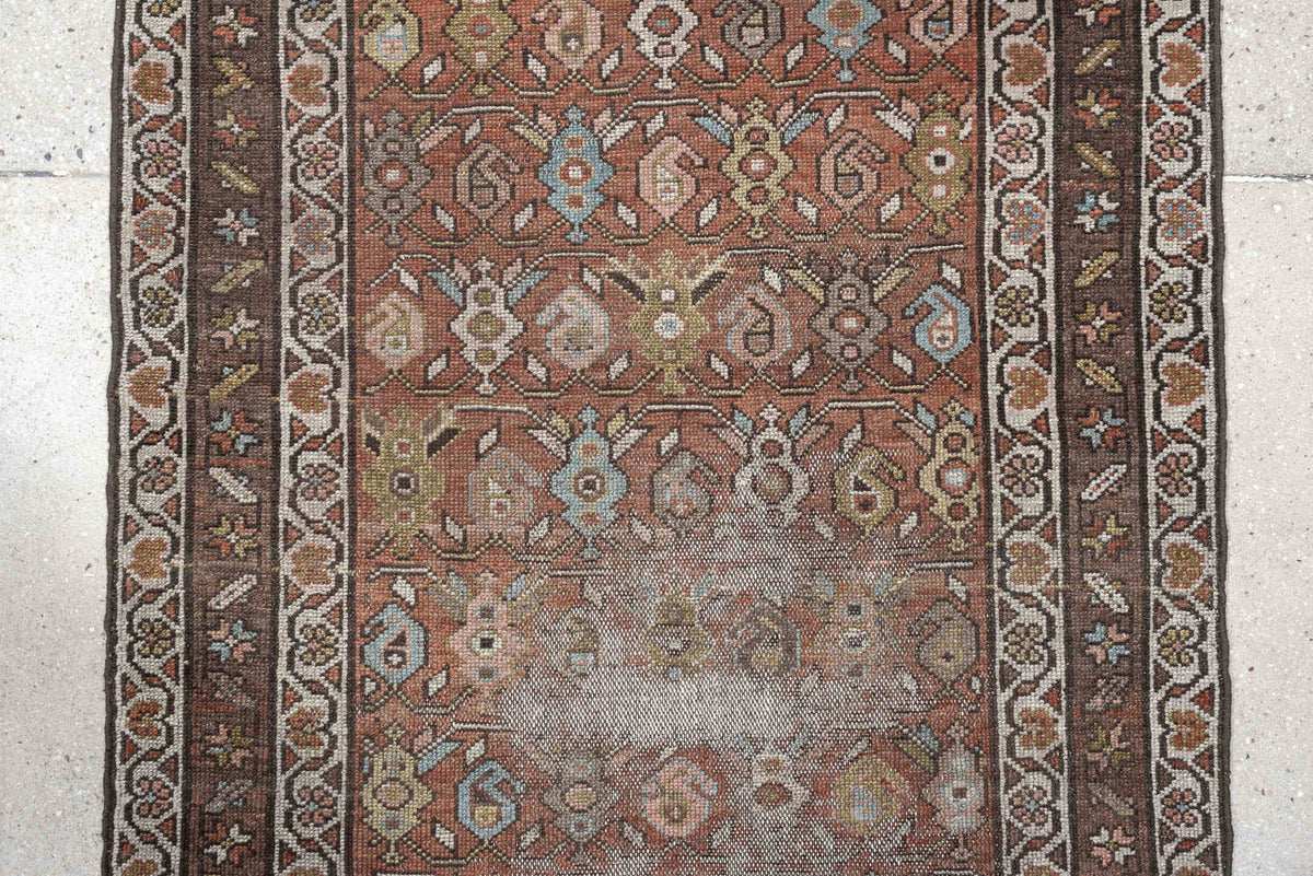 2' x 9' one-of-a-kind handmade vintage Malayer runner rug. Color palette: terracotta, brown, ivory, taupe, muted blue, sage