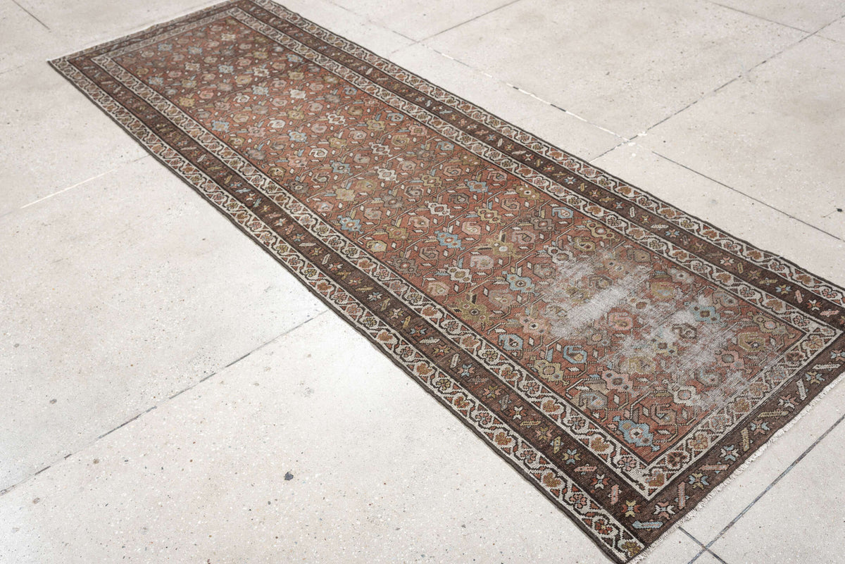 2' x 9' one-of-a-kind handmade vintage Malayer runner rug. Color palette: terracotta, brown, ivory, taupe, muted blue, sage