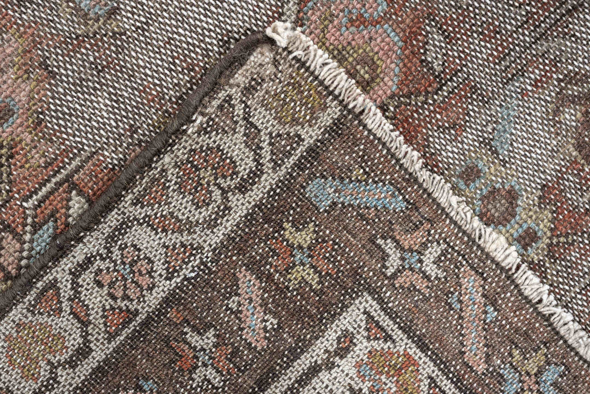 2' x 9' one-of-a-kind handmade vintage Malayer runner rug. Color palette: terracotta, brown, ivory, taupe, muted blue, sage