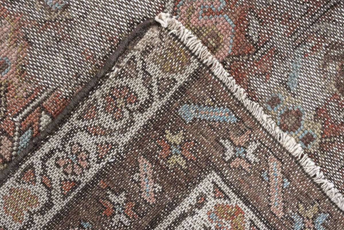 2' x 9' one-of-a-kind handmade vintage Malayer runner rug. Color palette: terracotta, brown, ivory, taupe, muted blue, sage