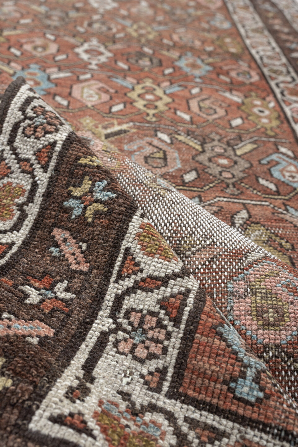 2' x 9' one-of-a-kind handmade vintage Malayer runner rug. Color palette: terracotta, brown, ivory, taupe, muted blue, sage
