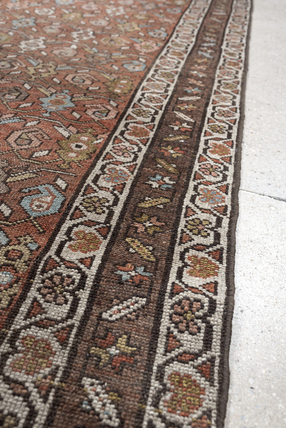 2' x 9' one-of-a-kind handmade vintage Malayer runner rug. Color palette: terracotta, brown, ivory, taupe, muted blue, sage