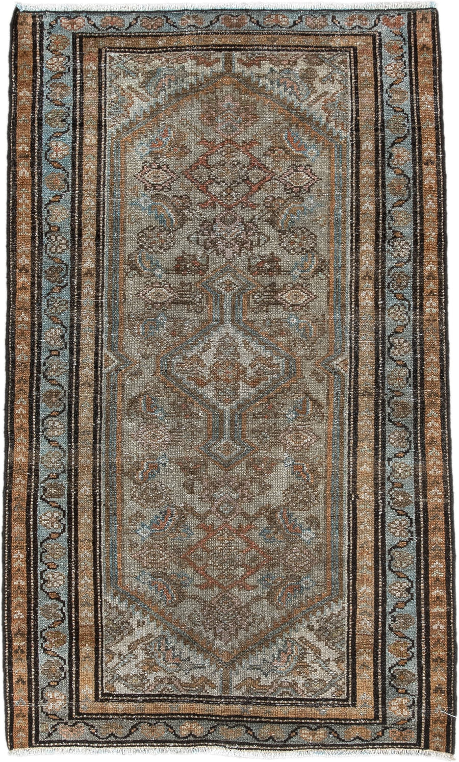 2' x 4' one-of-a-kind handmade antique Malayer small size rug. Color palette: ivory, taupe, camel, sky blue, brown