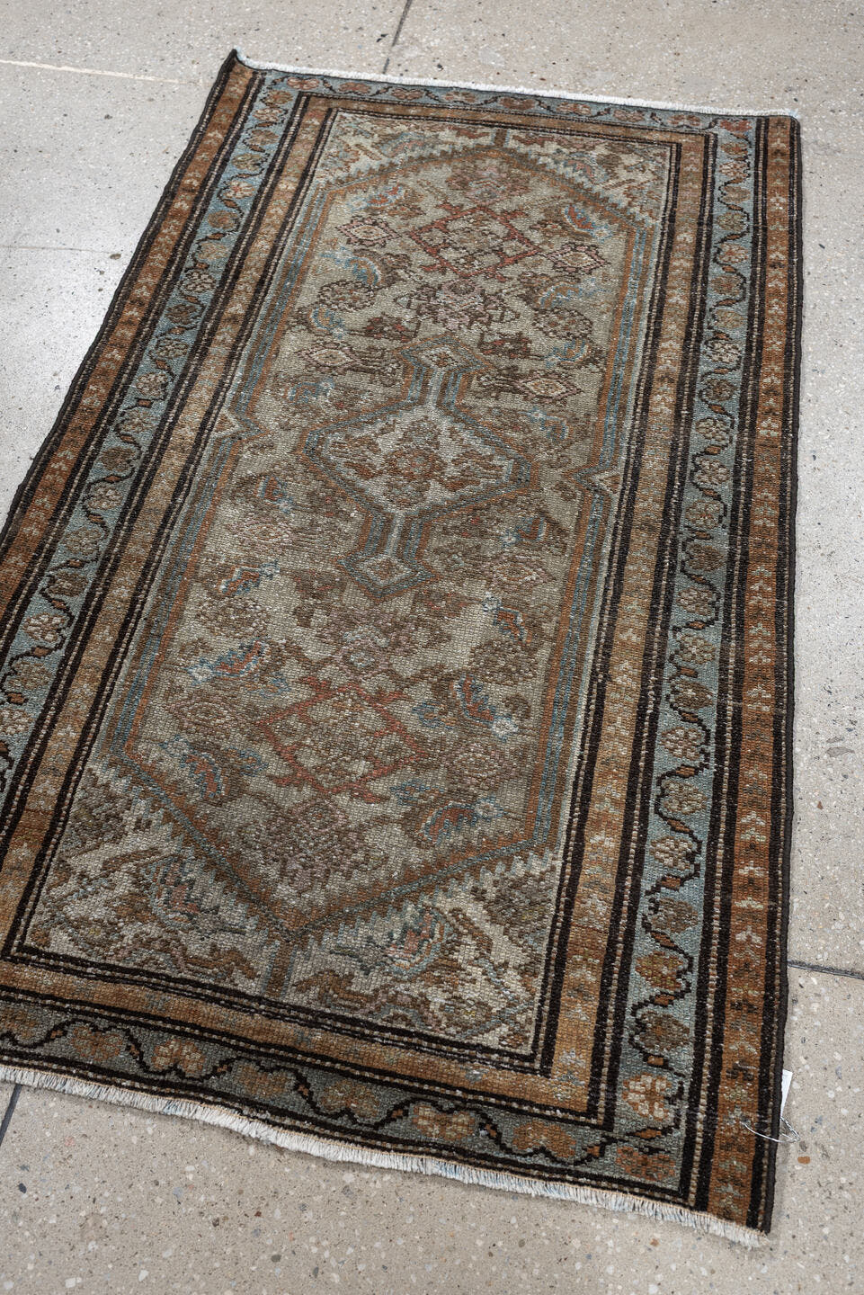 2' x 4' one-of-a-kind handmade antique Malayer small size rug. Color palette: ivory, taupe, camel, sky blue, brown
