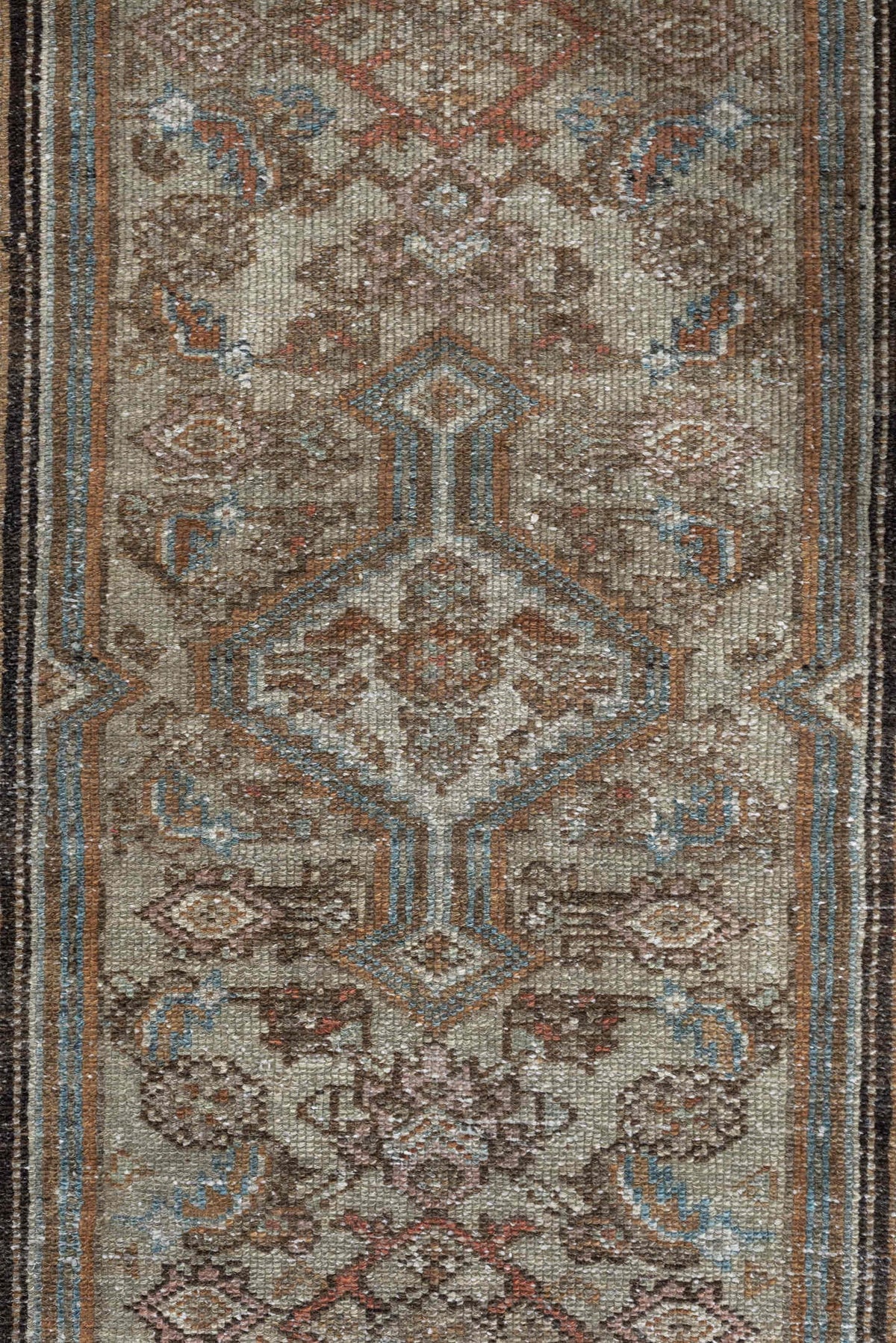 2' x 4' one-of-a-kind handmade antique Malayer small size rug. Color palette: ivory, taupe, camel, sky blue, brown