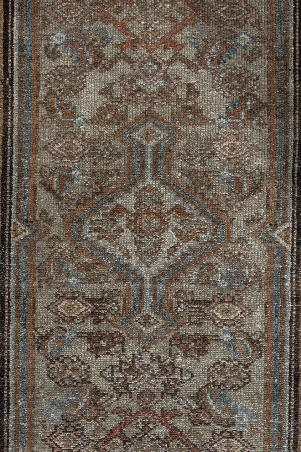 2' x 4' one-of-a-kind handmade antique Malayer small size rug. Color palette: ivory, taupe, camel, sky blue, brown