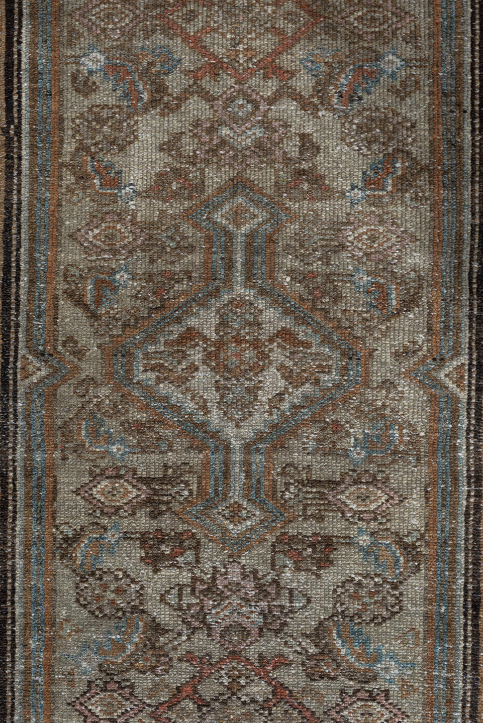 2' x 4' one-of-a-kind handmade antique Malayer small size rug. Color palette: ivory, taupe, camel, sky blue, brown