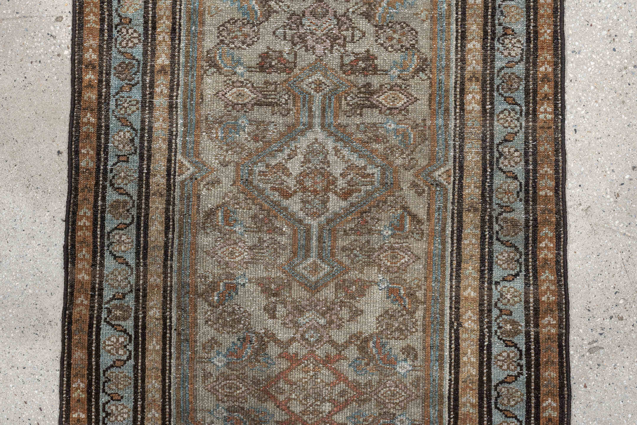 2' x 4' one-of-a-kind handmade antique Malayer small size rug. Color palette: ivory, taupe, camel, sky blue, brown