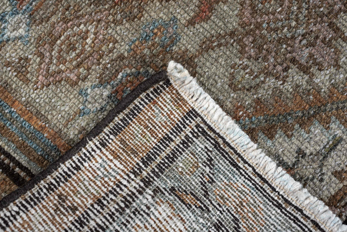 2' x 4' one-of-a-kind handmade antique Malayer small size rug. Color palette: ivory, taupe, camel, sky blue, brown