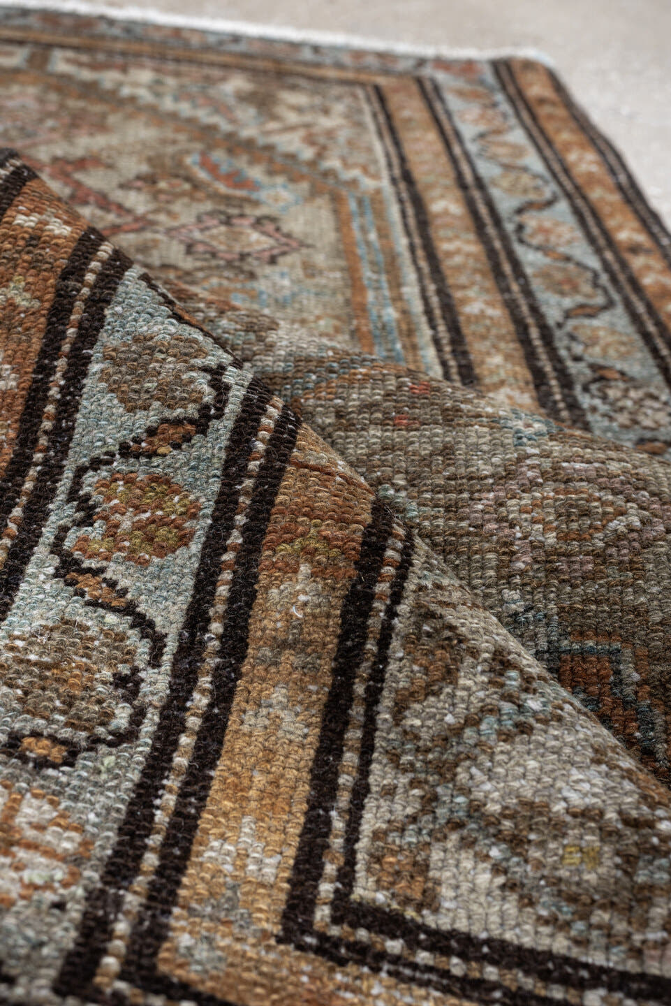 2' x 4' one-of-a-kind handmade antique Malayer small size rug. Color palette: ivory, taupe, camel, sky blue, brown