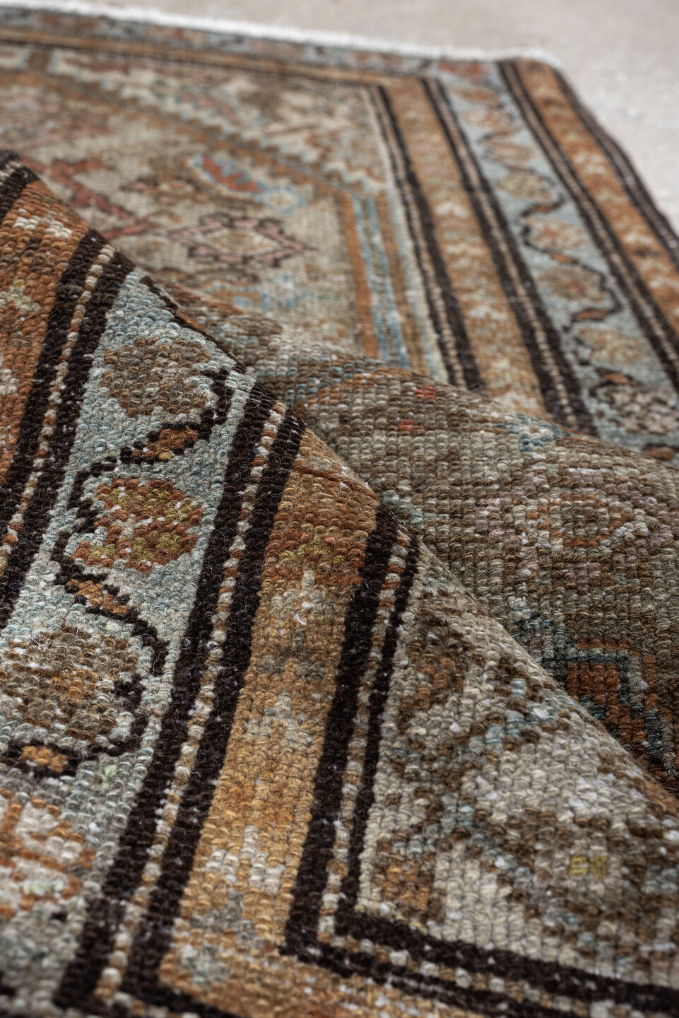 2' x 4' one-of-a-kind handmade antique Malayer small size rug. Color palette: ivory, taupe, camel, sky blue, brown