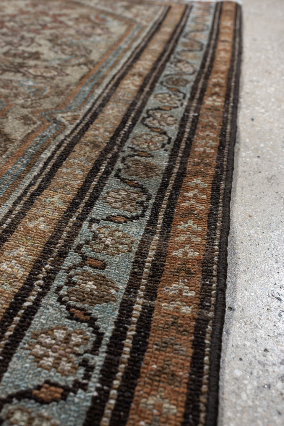 2' x 4' one-of-a-kind handmade antique Malayer small size rug. Color palette: ivory, taupe, camel, sky blue, brown