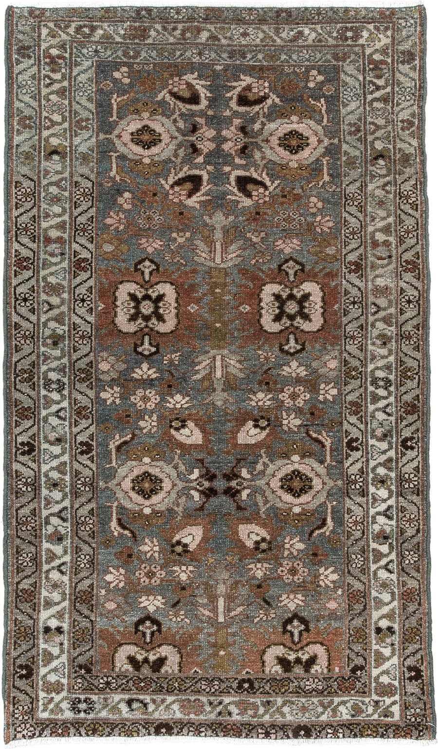2' x 4' one-of-a-kind handmade antique Afshar small size rug. Color palette: blue gray, ivory, rust, taupe, olive