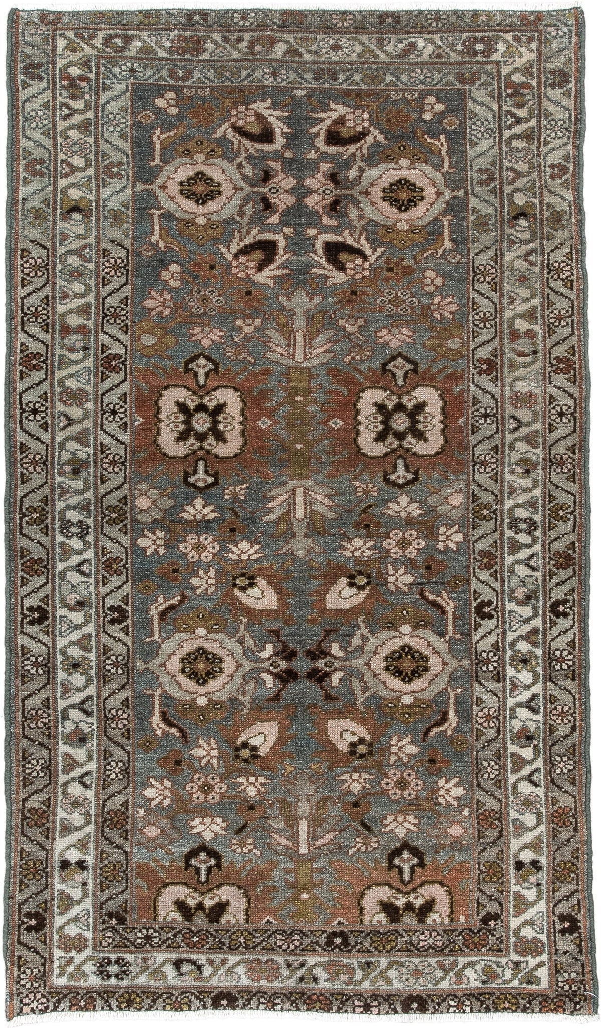 2' x 4' one-of-a-kind handmade antique Afshar small size rug. Color palette: blue gray, ivory, rust, taupe, olive