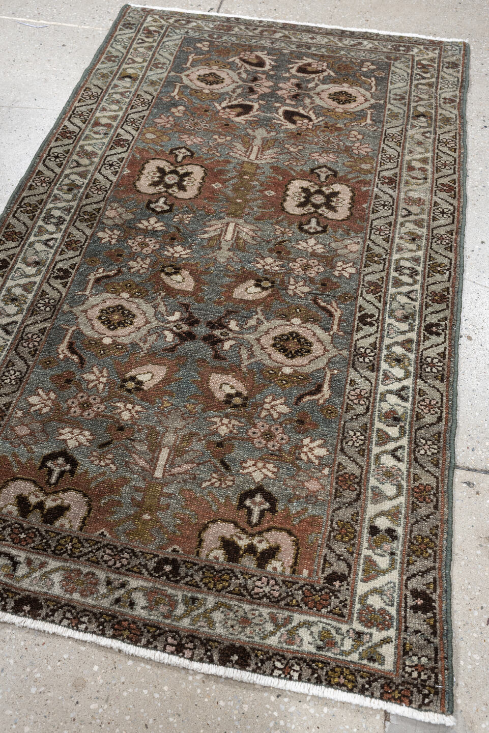 2' x 4' one-of-a-kind handmade antique Afshar small size rug. Color palette: blue gray, ivory, rust, taupe, olive