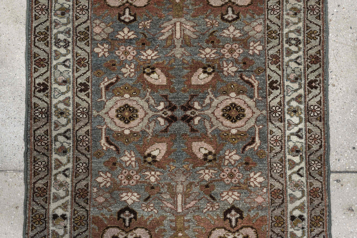 2' x 4' one-of-a-kind handmade antique Afshar small size rug. Color palette: blue gray, ivory, rust, taupe, olive