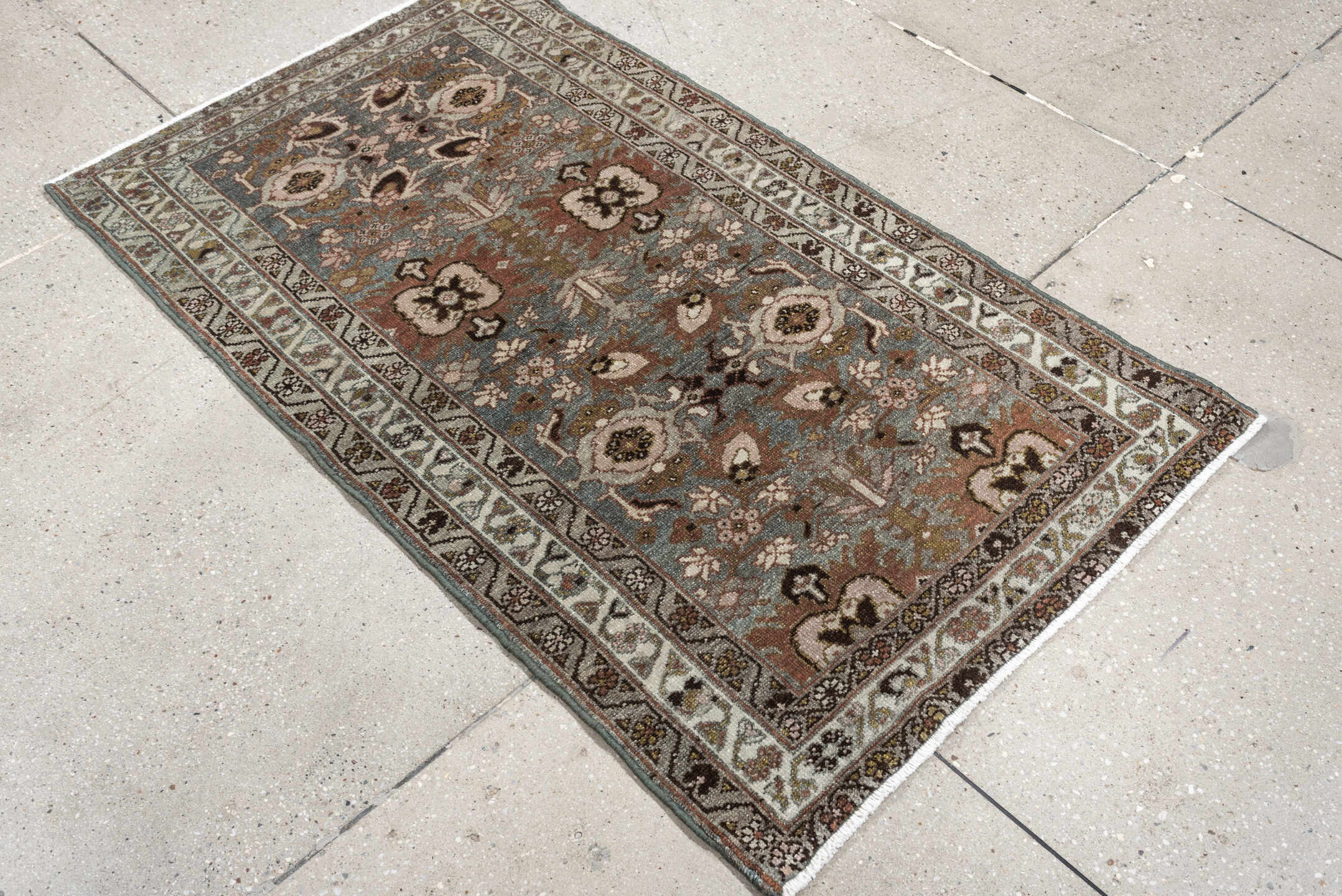 2' x 4' one-of-a-kind handmade antique Afshar small size rug. Color palette: blue gray, ivory, rust, taupe, olive