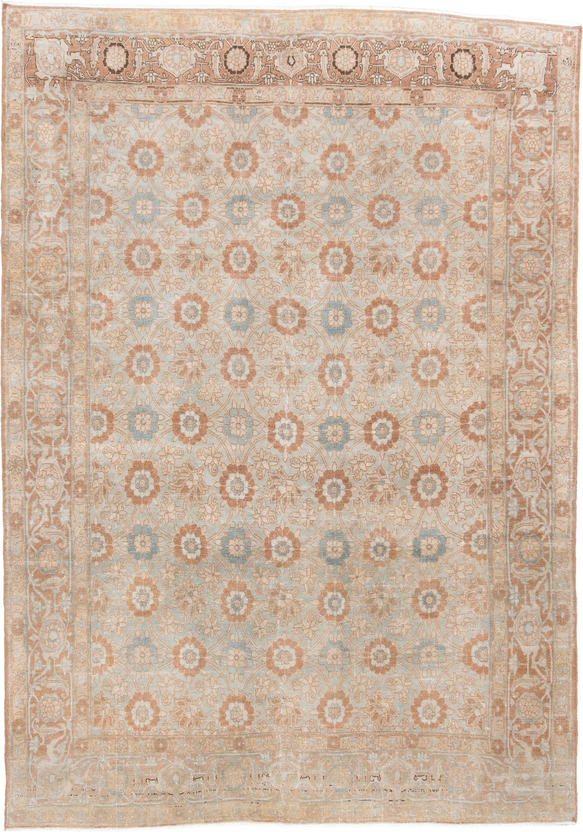 5' x 7' one-of-a-kind handmade antique Tabriz rug. Color palette: ivory, blush, pale blue, peach, beige, taupe, pink