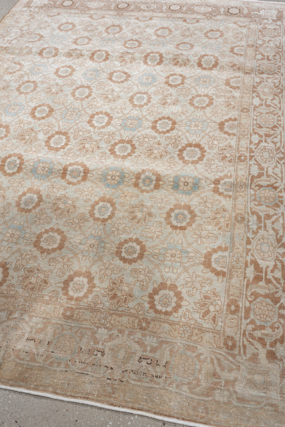 5' x 7' one-of-a-kind handmade antique Tabriz rug. Color palette: ivory, blush, pale blue, peach, beige, taupe, pink