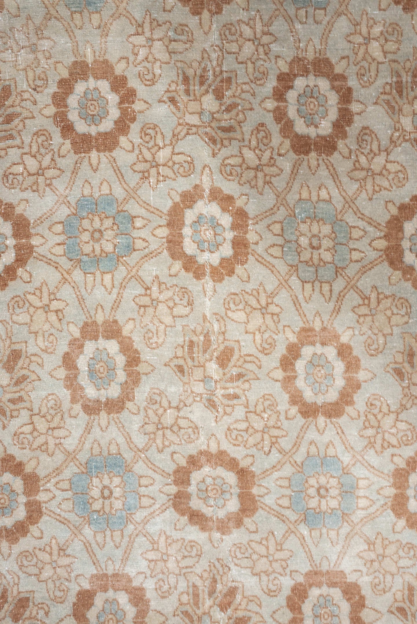 5' x 7' one-of-a-kind handmade antique Tabriz rug. Color palette: ivory, blush, pale blue, peach, beige, taupe, pink